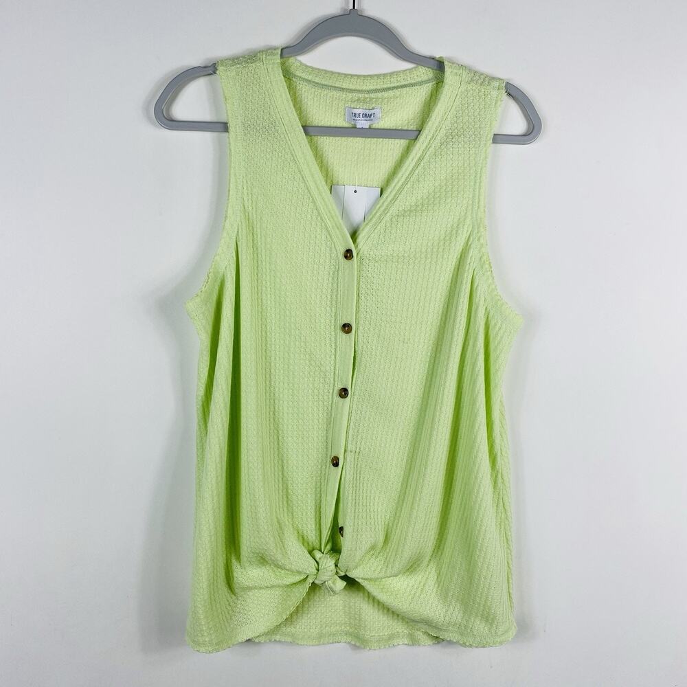 True Craft Tank Top Large Green Waffle Sleeveless Knot Front Casual